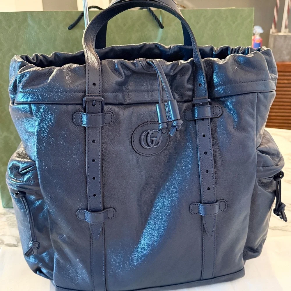 Gucci Blue Leather Drawstring Tote Bag With Tonal Double G Logo NWT